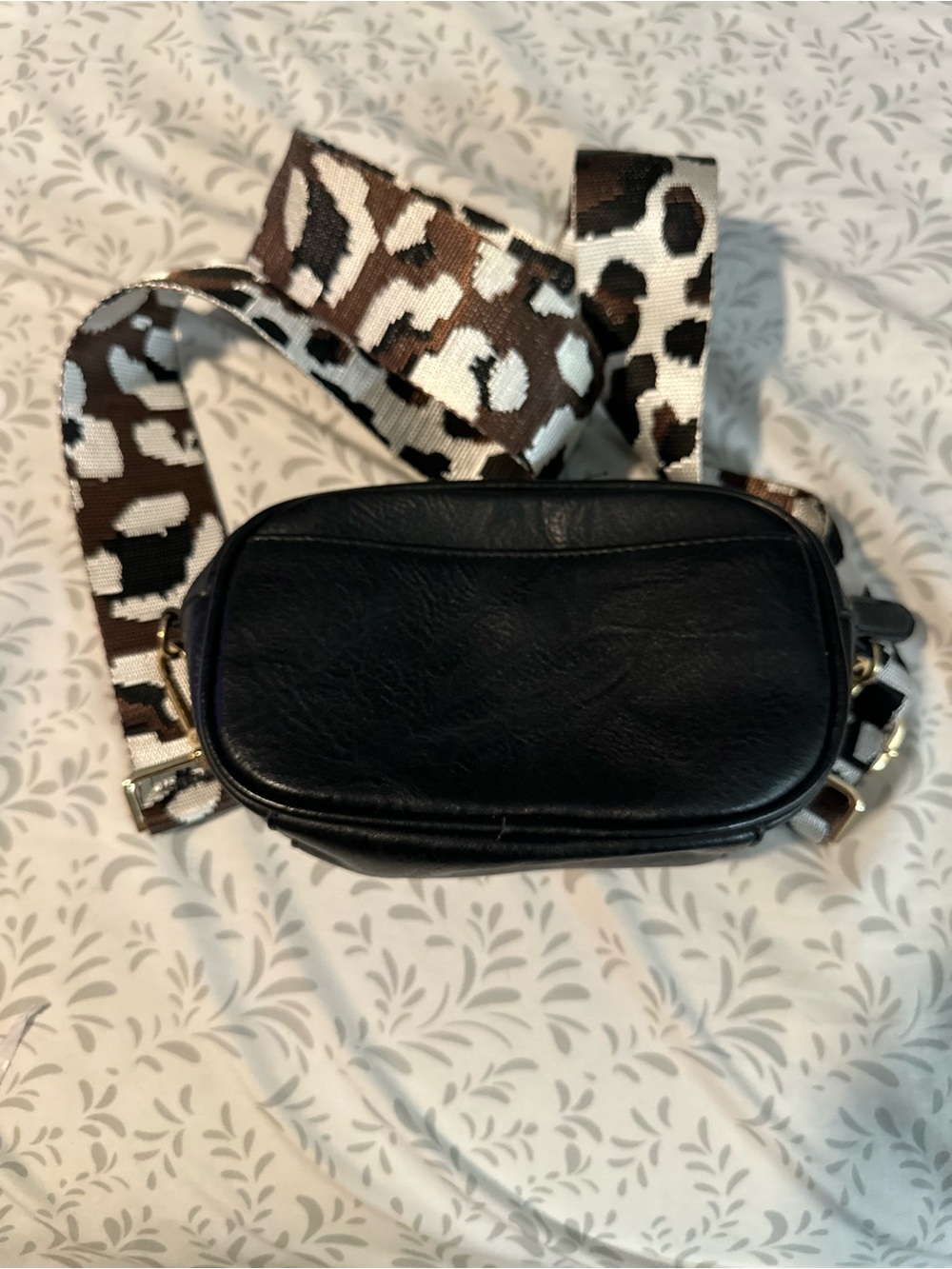 Social Threads Black Crossbody Bag with Leopard Strap